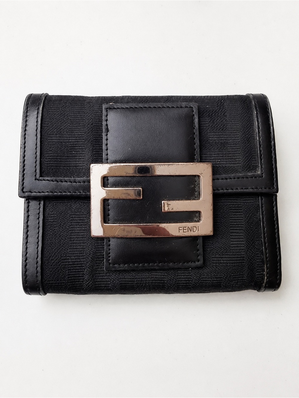 Fendi Vintage Black FF Zucca Trifold Wallet Silver FF Buckle - Picture 2 of 7